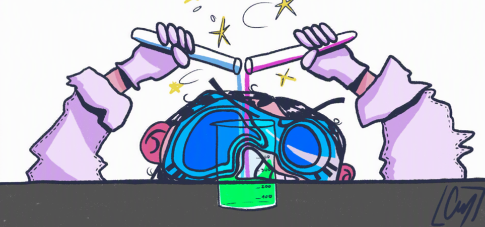 Illustration by Mara Chelărescu of a chemistry-inspired digital testing experiment.