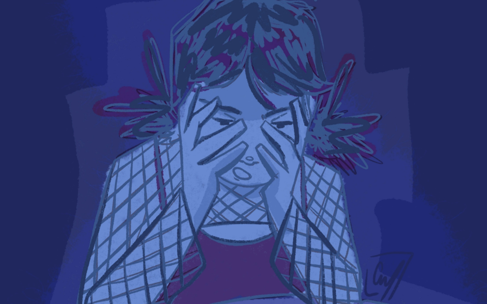 Illustration by Mara Chelărescu of a student overwhelmed by learning and assignments.