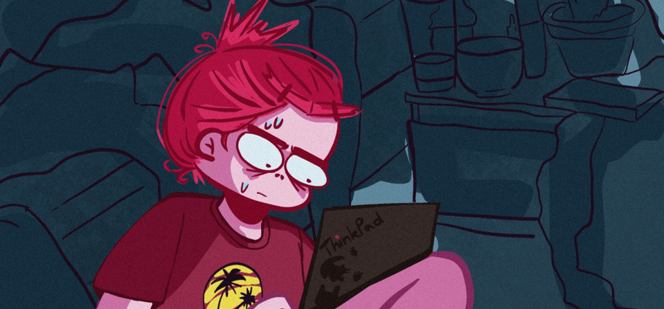Illustration by Mara Chelărescu of a stressed student recording a video in their room.