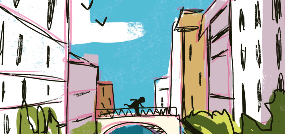 Illustration by Mara Chelărescu of a student crossing a bridge between buildings.
